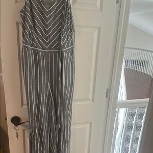 LOFT Charcoal and White Striped Jumpsuit